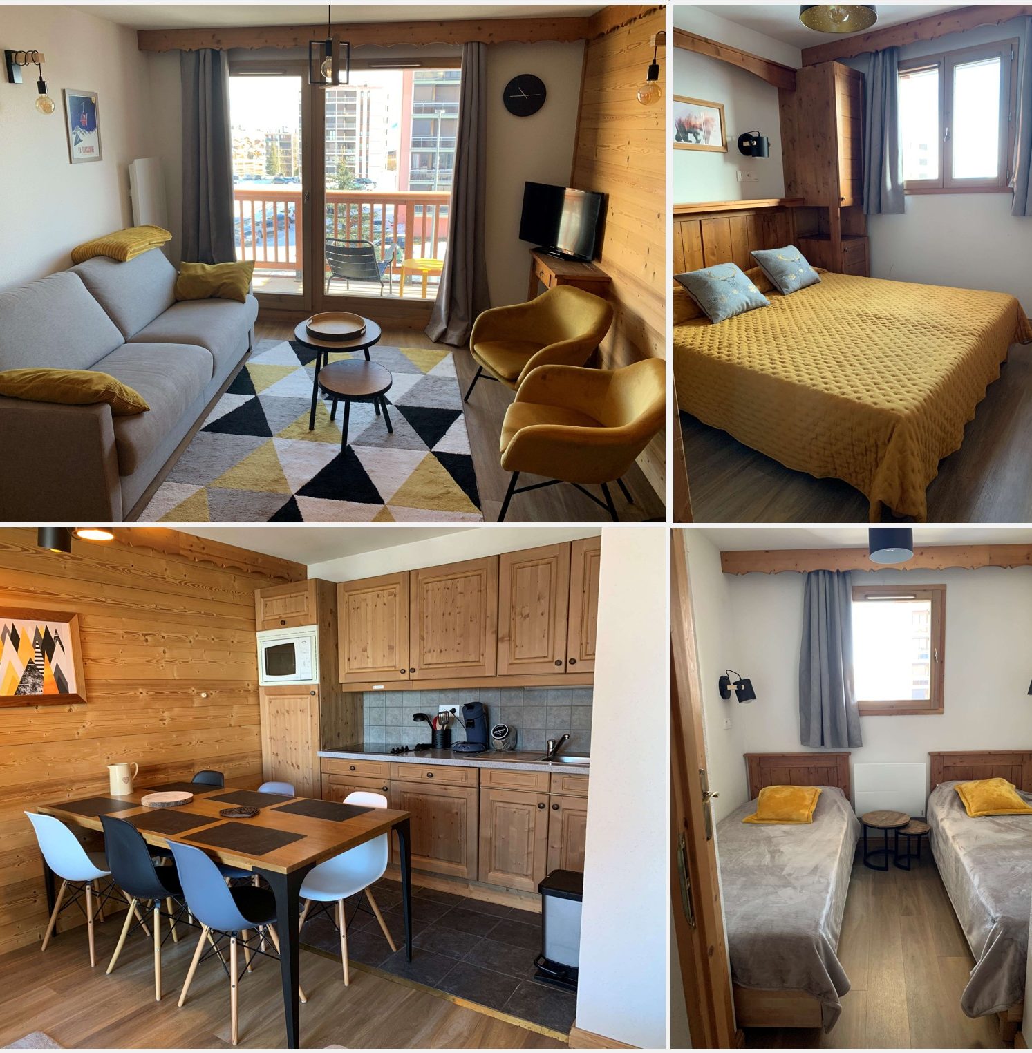 Intérieur moderne d'un appartement avec salon, chambre double, cuisine et salle à manger.