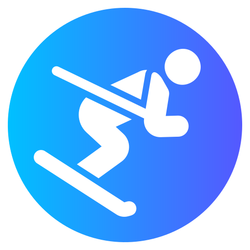 Icône stylisée d'un skieur en action sur fond dégradé bleu.